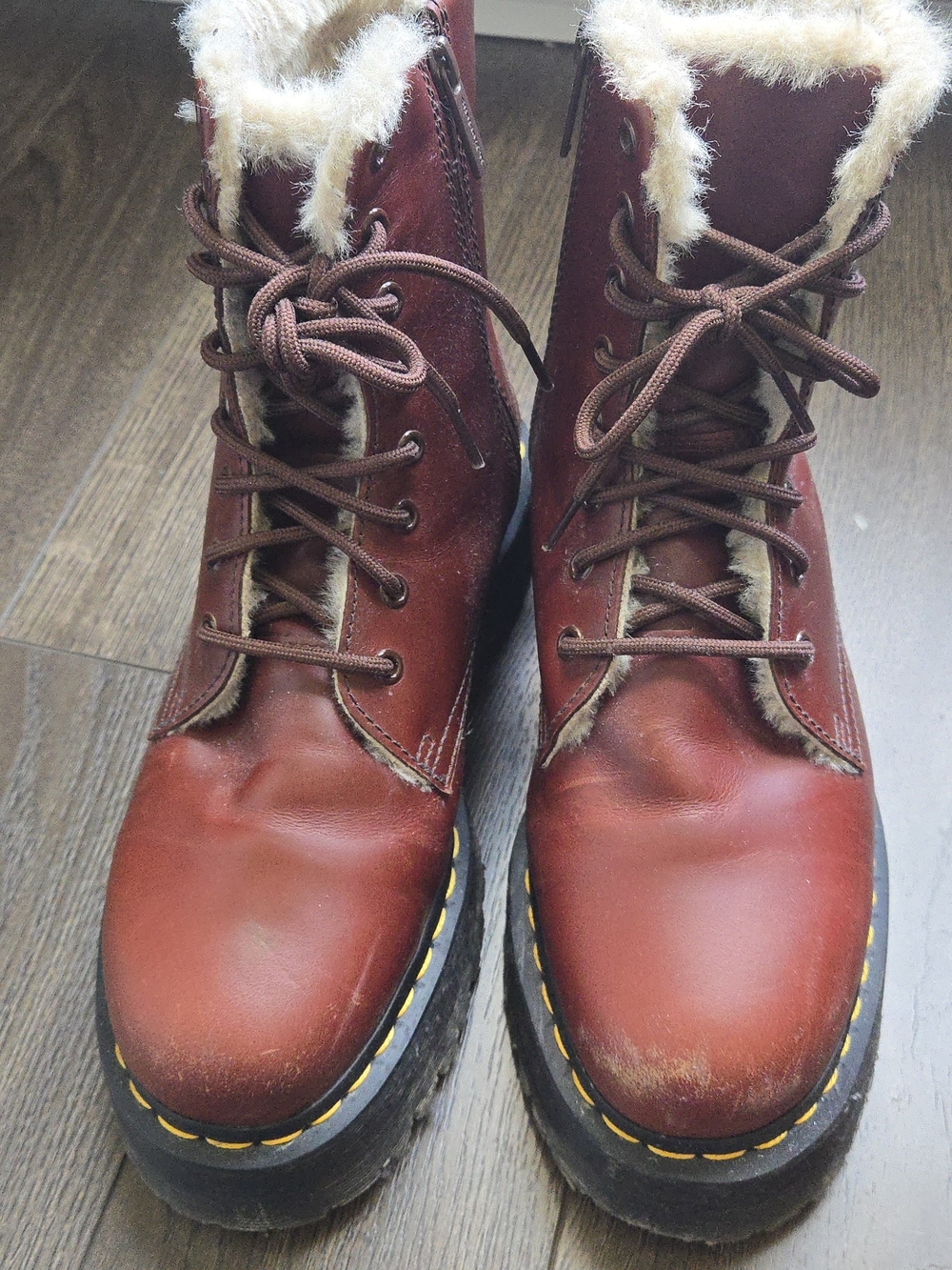 Dr. Martens Burgundy Leather Lace-Up Fur-Trim Boots
